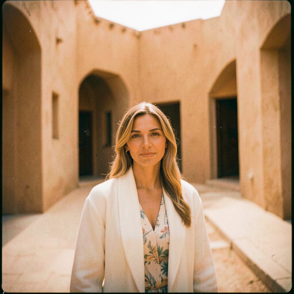 A warm, softly lit portrait of a woman in a richly textured interior, deep terracotta and indigo tones, contemplative mood, visible film grain.