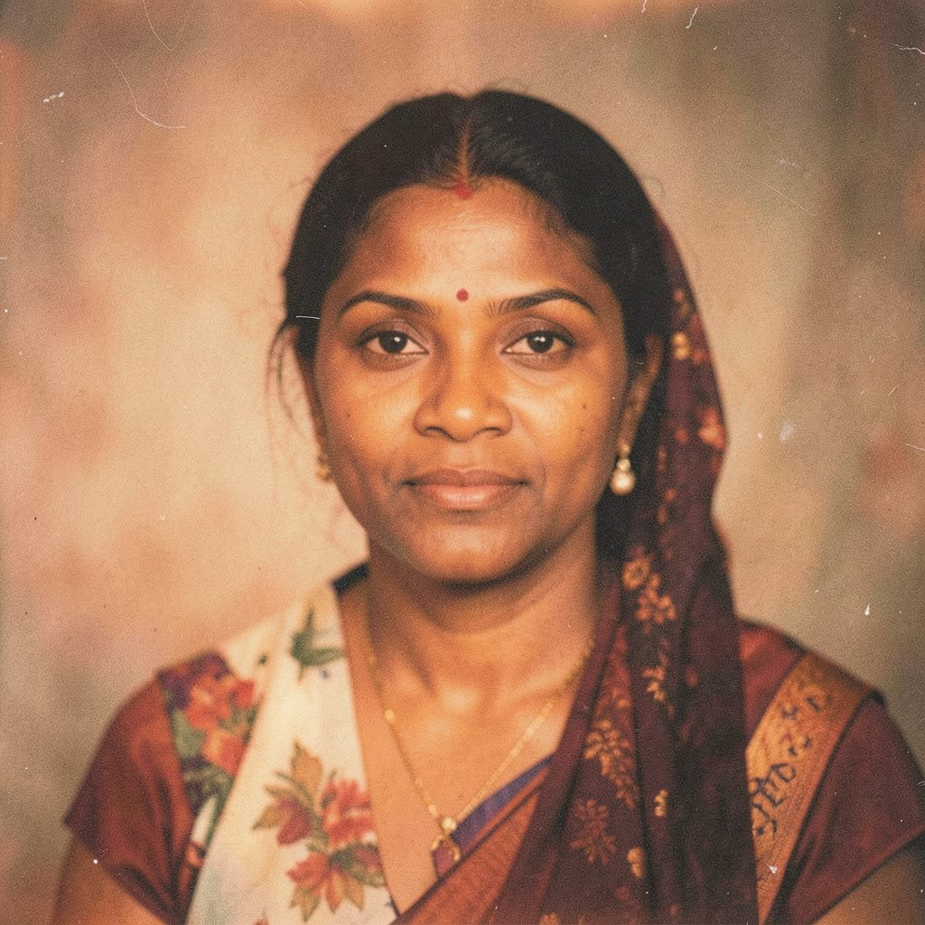 A close-up portrait of a woman with dark hair, warm golden light falling across her face, soft bokeh background, intimate and serene.