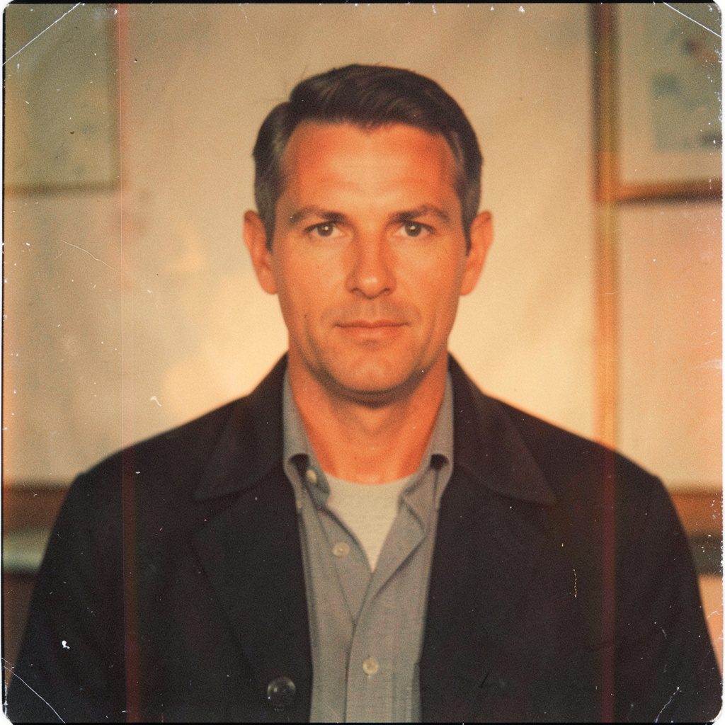 A monochrome portrait of a man in a dark blazer against a muted grey backdrop, serious and thoughtful expression, fine film grain texture.